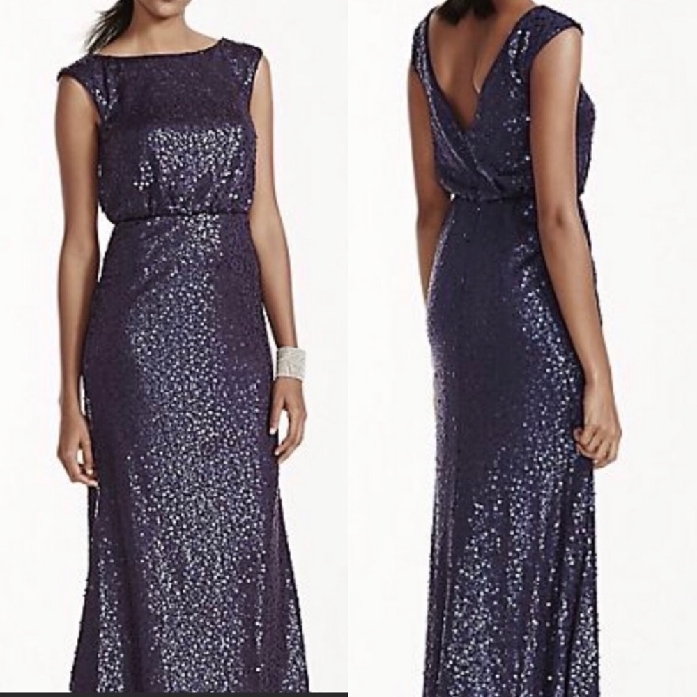 David’s Bridal Long Navy Sequin Sheath Dress with Drop Waistline